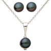 photo of 7mm black freshwater button pearl earring and necklace set, set in sterling silver with an 18" cable chain