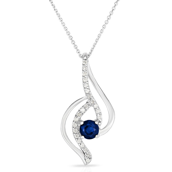 photo of 4mm round genuine sapphire necklace accented by .10twt round diamonds, set in 10k white gold with an 18" cable chain