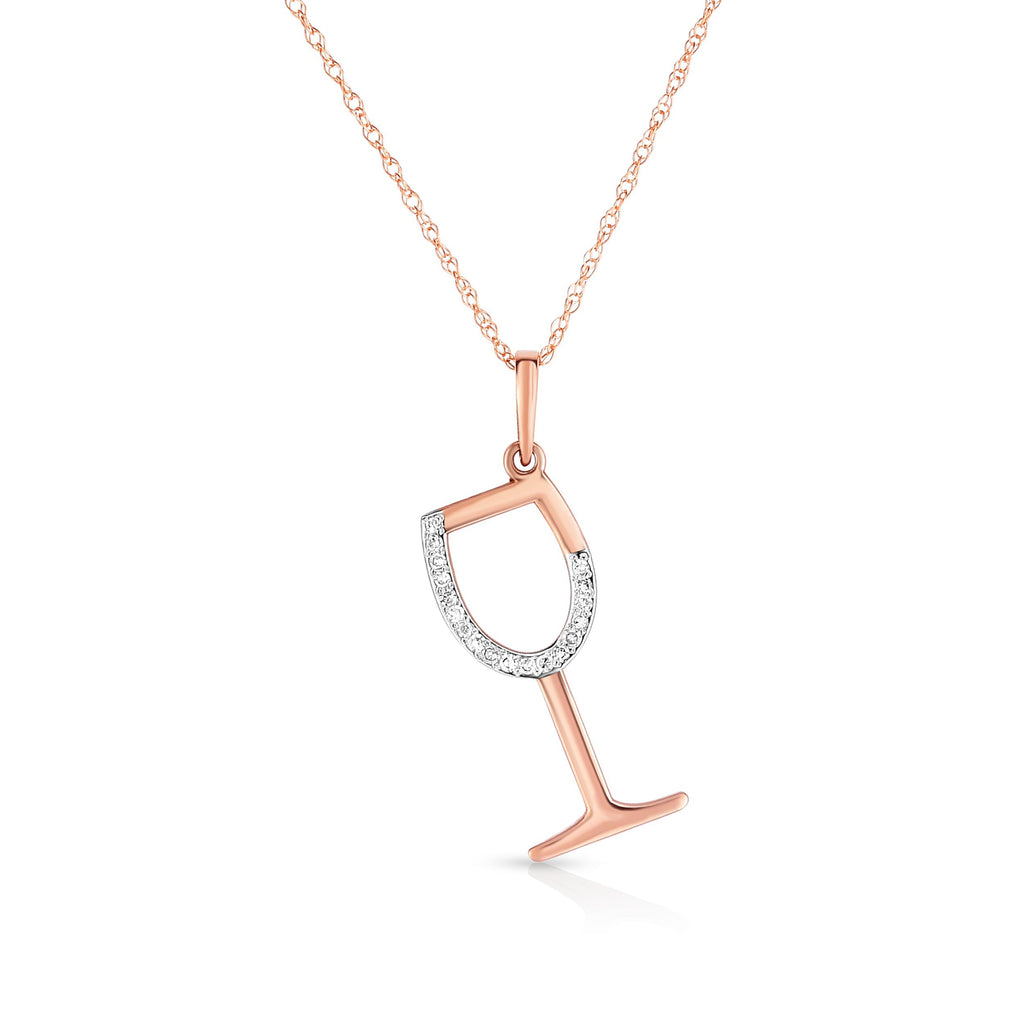 photo of diamond wine glass pendant, 10k rose gold with .05twt round diamonds and an 18" light rope chain