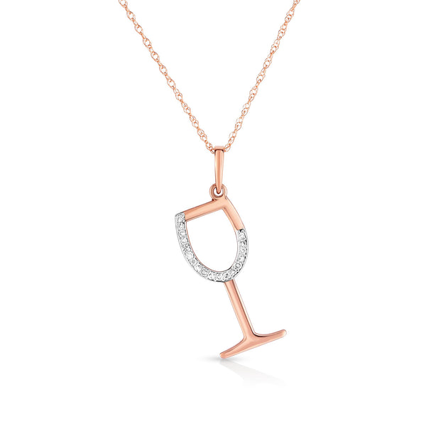 photo of diamond wine glass pendant, 10k rose gold with .05twt round diamonds and an 18" light rope chain