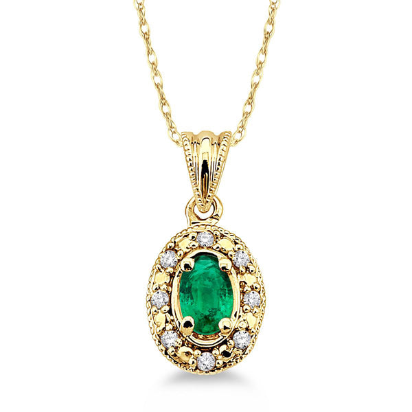  photo of genuine 5x3 oval green emerald pendant, .05twt round brilliant cut diamonds, 18" cable chain in 14k yellow gold