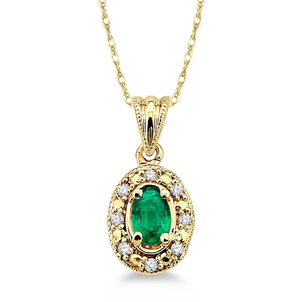  photo of genuine 5x3 oval green emerald pendant, .05twt round brilliant cut diamonds, 18" cable chain in 14k yellow gold
