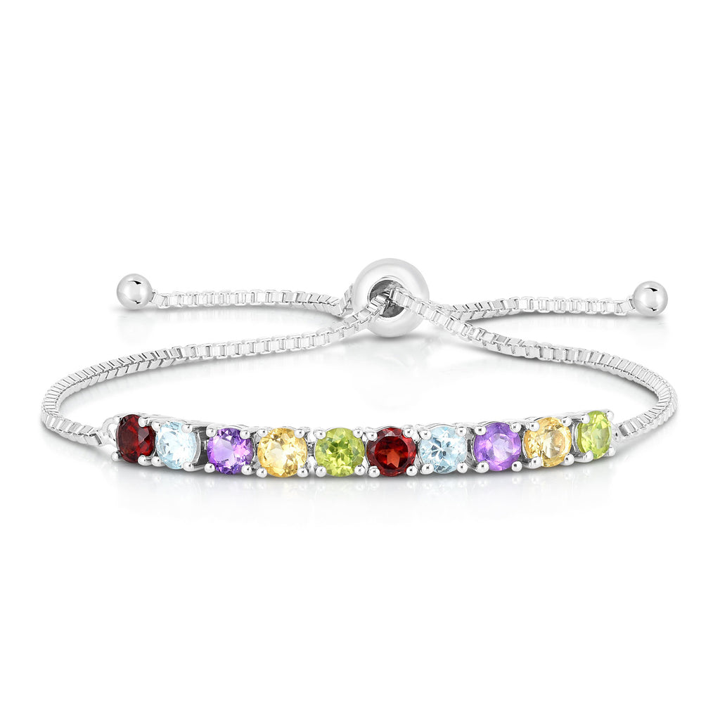 sterling silver bolo bracelet with gemstones: blue topaz, amethyst, citrine, garnet and peridot