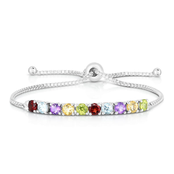 sterling silver bolo bracelet with gemstones: blue topaz, amethyst, citrine, garnet and peridot