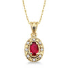  photo of genuine 5x3 oval ruby pendant, .05twt round brilliant cut diamonds, 18" cable chain in 14k yellow gold