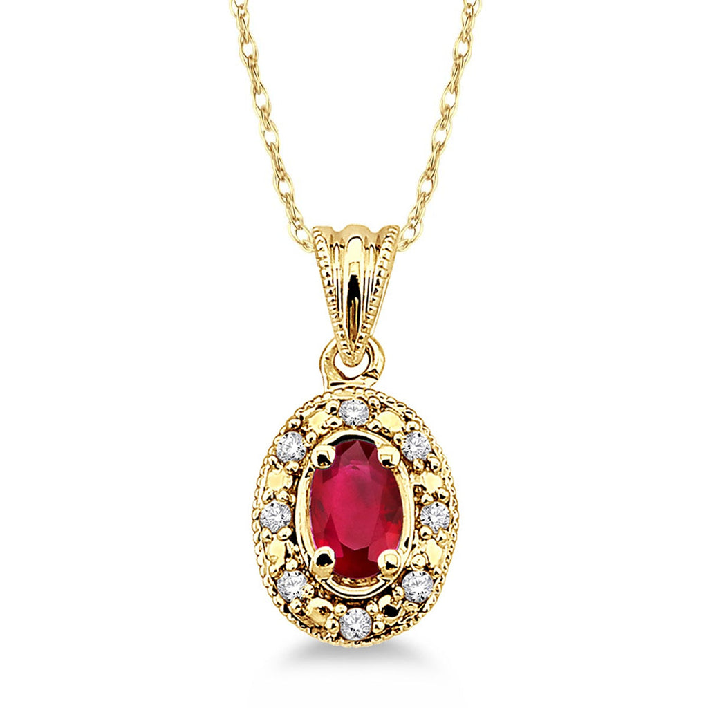  photo of genuine 5x3 oval ruby pendant, .05twt round brilliant cut diamonds, 18" cable chain in 14k yellow gold