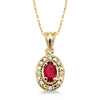  photo of genuine 5x3 oval ruby pendant, .05twt round brilliant cut diamonds, 18" cable chain in 14k yellow gold
