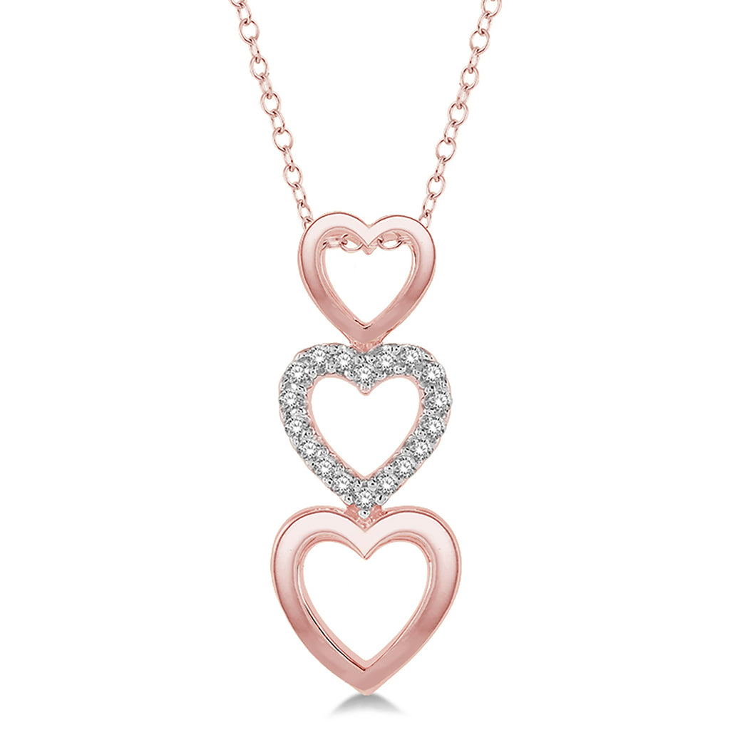 photo of pretty diamond heart necklace with .06twt round diamonds set in 10k rose gold and suspended from an 18