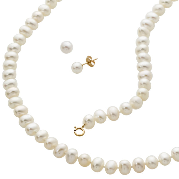 photo of classic 6mm round freshwater pearl 7" bracelet, earrings and an 18" necklace with 14k yellow gold clasps